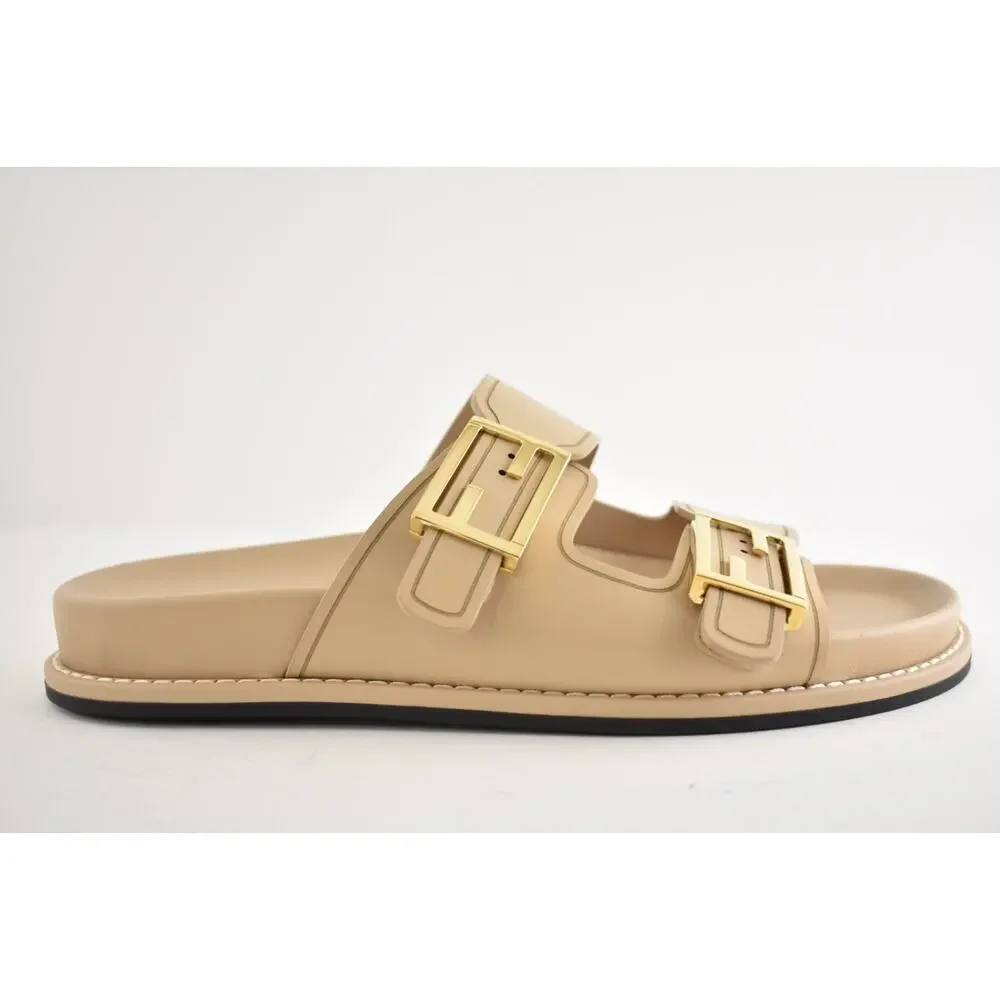Fendi Feel Dual Strap Beige Leather Gold Logo Buckle Mule Flat Sandal Slide 39.5